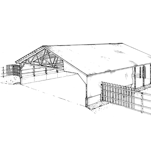 Hay storage shed with one open side drawing